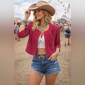 Vintage Yvonne Le Marie Cropped Leather Suede Jacket Fushia Capelet Women’s 10